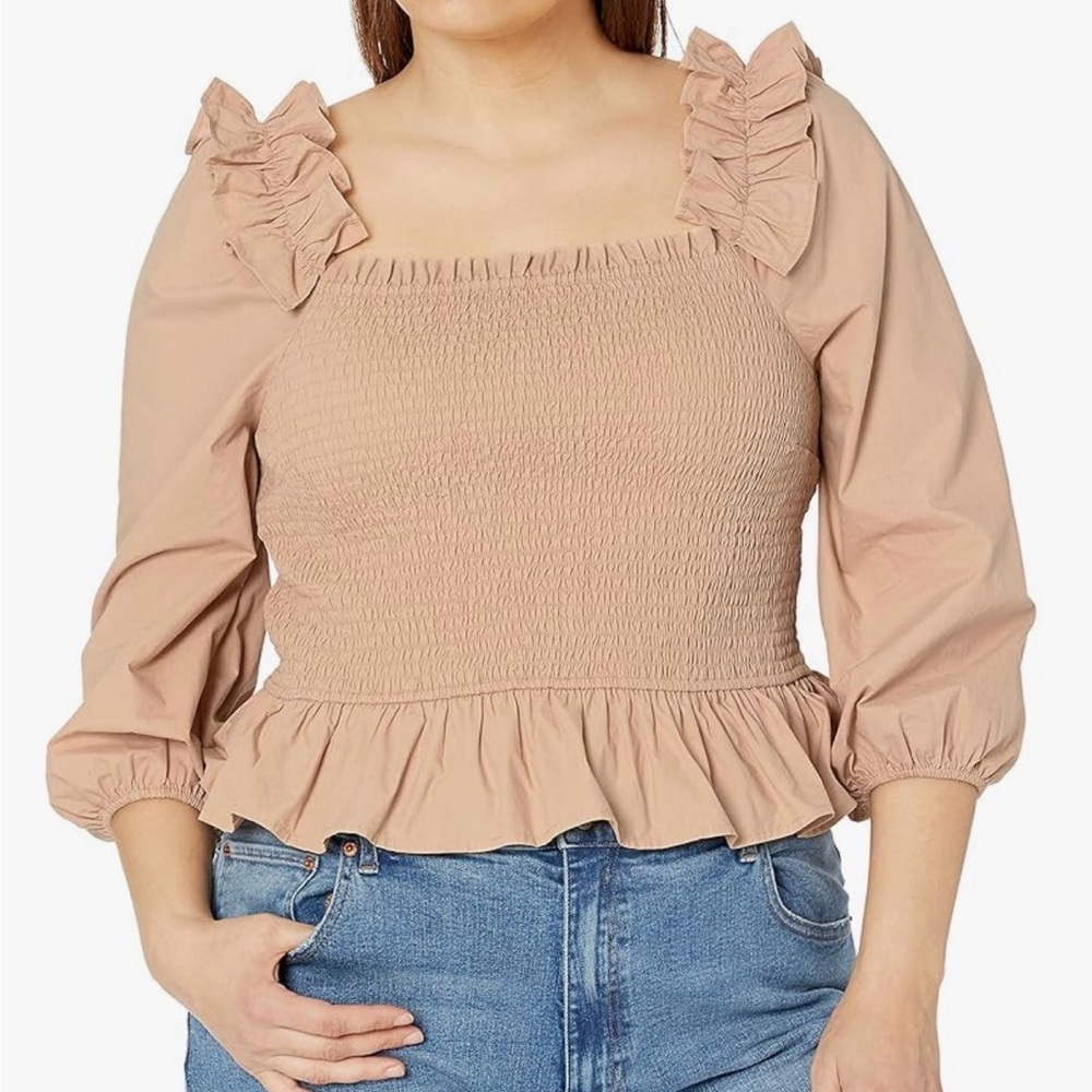 Smocked Ruffle Peasant Blouse in Light Beige